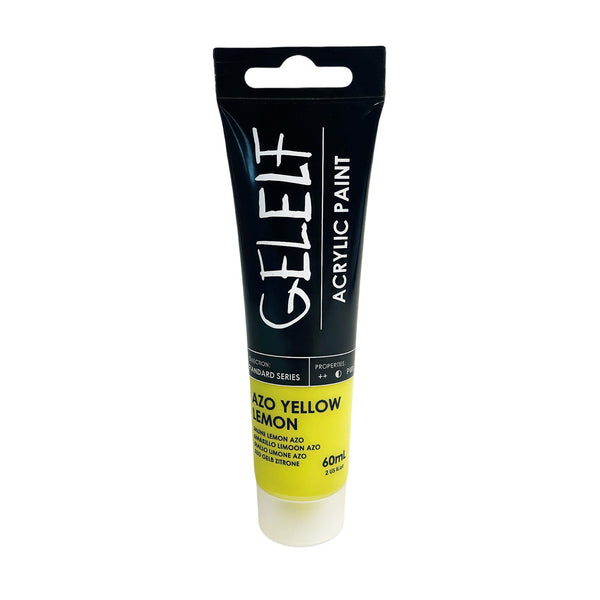 Gelelf acrylic paint tube with black and yellow design on a white background