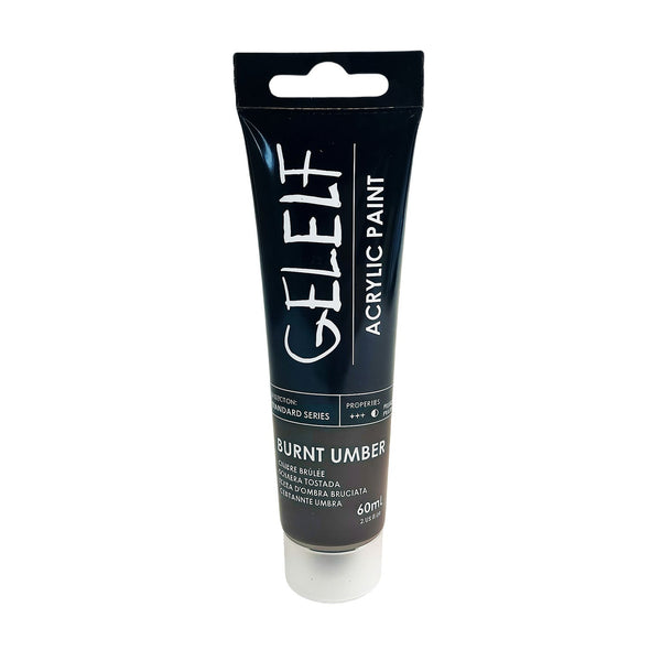 Gelelf acrylic paint tube labeled 'Burnt Umber' on a white background