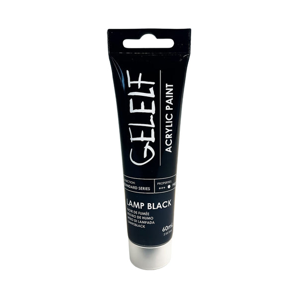 Tube of GELELT acrylic paint in Lamp Black color on a white background