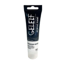 Tube of GELEFF acrylic paint in titanium white on a white background