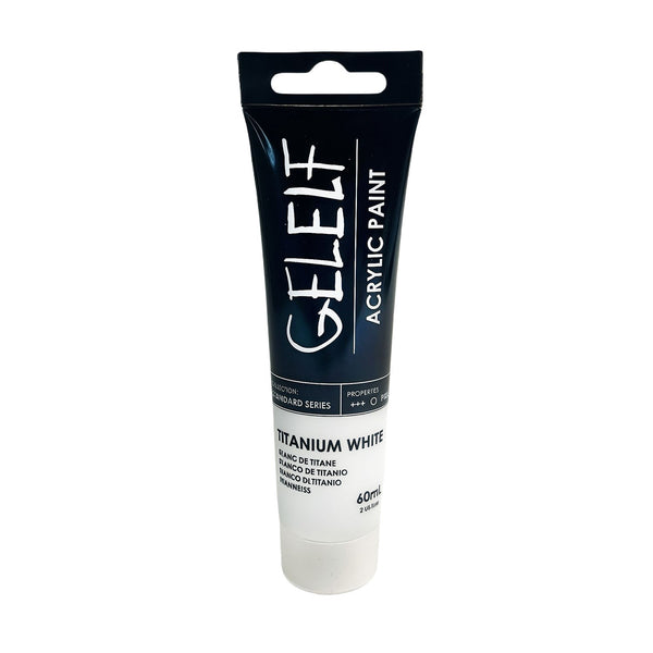 Tube of GELEFF acrylic paint in titanium white on a white background