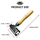 Measurement chart of a tool with a wooden handle and metal head, showing dimensions in centimeters and inches.