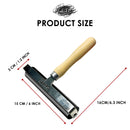 Measurement chart of a tool with a wooden handle and metal head, showing dimensions in centimeters and inches.