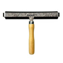 Squeegee with wooden handle and metal blade on a white background