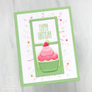 Birthday card with a pink cupcake and 'Happy Birthday' text on a white background