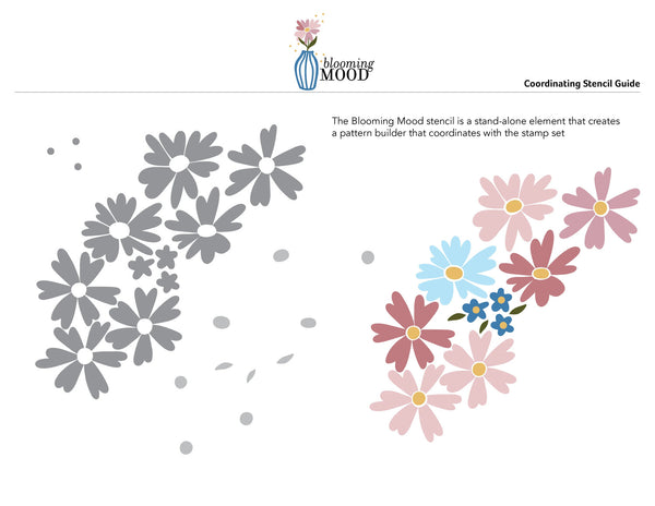 Blooming Mood stencil with floral patterns on a white background