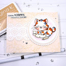 Card with a cat illustration and 'Sending warm thoughts your way' text, featuring Gina K. Designs products.
