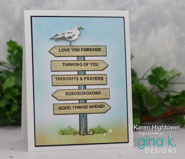Greeting card with wooden signpost and bird illustration, featuring text on a gradient background.