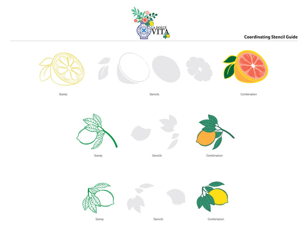 Coordinating Stencil Guide with lemon, orange, and leaf designs on a white background.