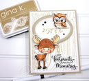 Card with a moose and owl design featuring the text 'Leave footprints, take only memories' by Gina K. Designs.