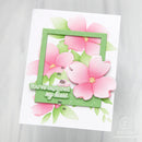 Card with pink flowers and green frame on a white background