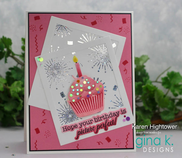 Greeting card with pink cupcake and birthday message on a pink background, featuring Gina K. Designs branding.