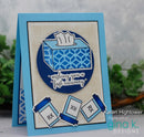 Greeting card with tissue box and RX bottles design, featuring blue and white colors.