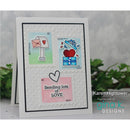 Card with postage stamp designs and text 'Sending lots of love' by Karen Hightower, featuring Gina K. Designs.
