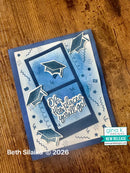 Graduation-themed card with blue and white design on a wooden surface, featuring 'Oh the places you'll go!' text.