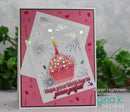 Greeting card with pink cupcake and birthday message on a pink background, featuring Gina K. Designs branding.