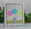 Colorful birthday card with swirl designs and 'Happy Birthday' text, featuring Karen Hightower and Gina K. Designs branding.