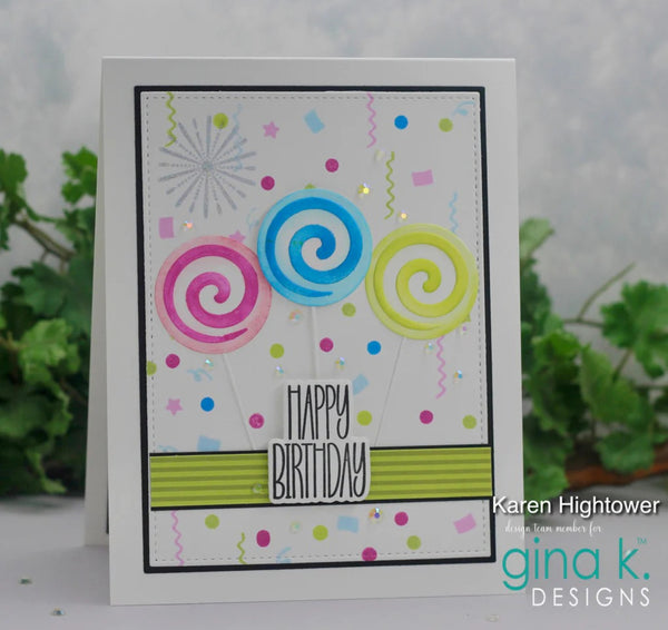 Colorful birthday card with swirl designs and 'Happy Birthday' text, featuring Karen Hightower and Gina K. Designs branding.