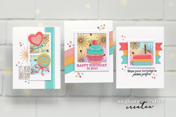 Three colorful birthday cards on a light gray background with 'meghann andrew creates' branding.