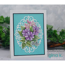 Greeting card with floral design and 'Hello' text on a blue background, featuring Karen Hightower and Gina K. Designs branding.