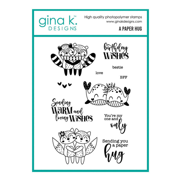 Clear stamp set with cute illustrations and text from Gina K. Designs on a white background.