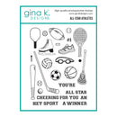 Set of sports-themed stamps by gina k. DESIGNS on a white background