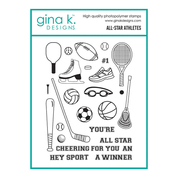 Set of sports-themed stamps by gina k. DESIGNS on a white background