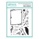 Set of stamps with bird designs and text by gina k. DESIGNS on a white background.