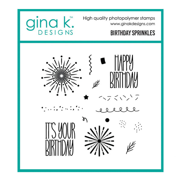 Gina K Designs birthday-themed clear stamps set on a white background