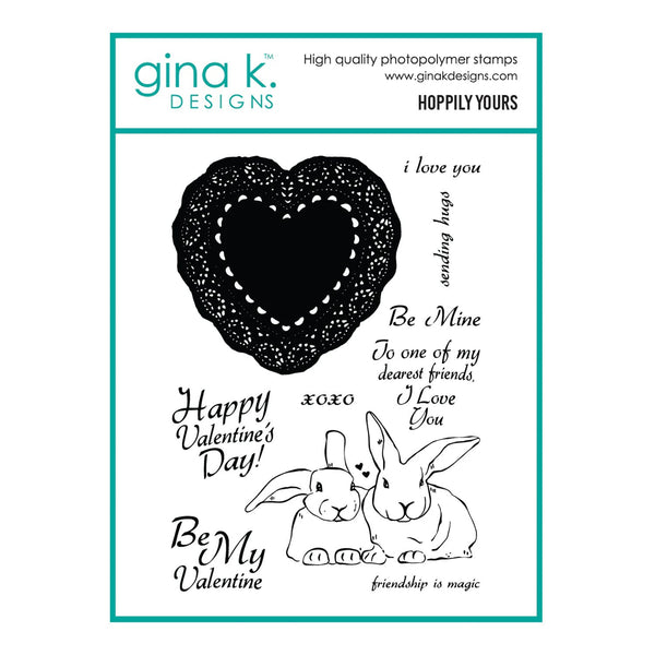 Gina K Designs stamp set with heart, bunnies, and romantic phrases on a white background