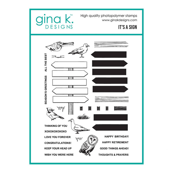 gina k. Designs stamp set with various phrases and bird illustrations on a white background