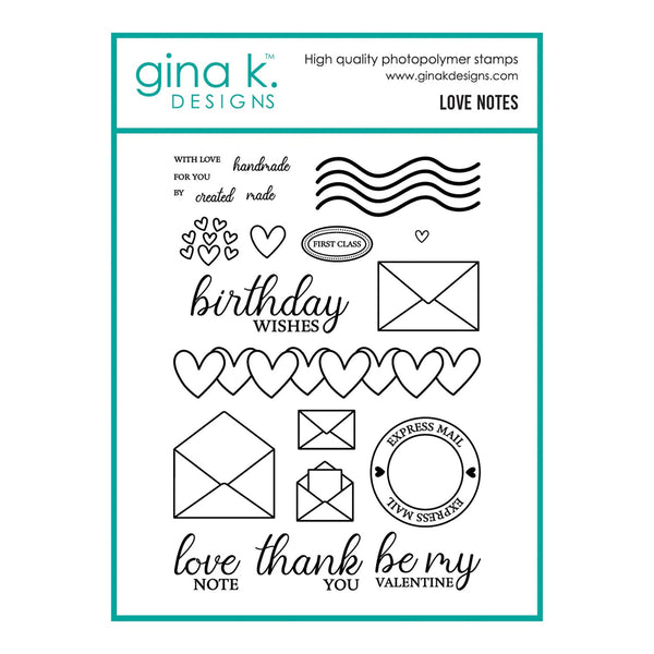 Gina K. Designs stamp set with various stamps and text on a white background