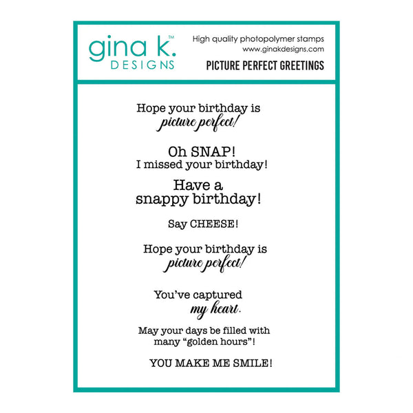 Gina K Designs stamp set with birthday-themed phrases on a white background