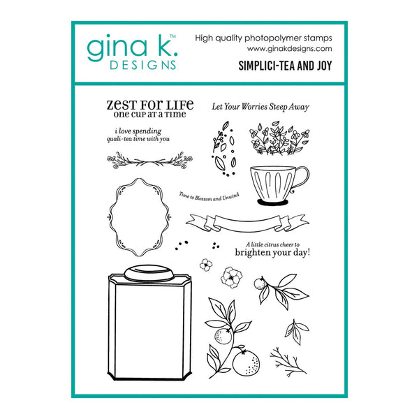 Gina K Designs stamp set with tea-themed graphics and text on a white background
