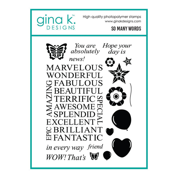 Gina K Designs stamp set with text and decorative elements on a white background