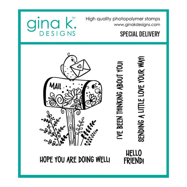 Gina K Designs stamp set with mailbox and送信人 design on a white background
