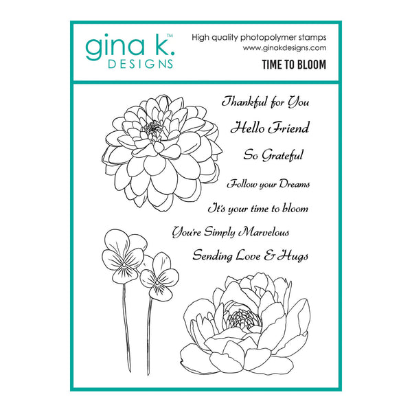 Gina K Designs stamp set with floral designs and inspirational phrases on a white background.