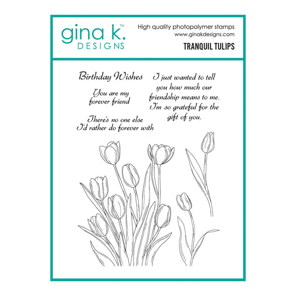 Stamp set with tulip design and text by gina k. DESIGNS on a white background