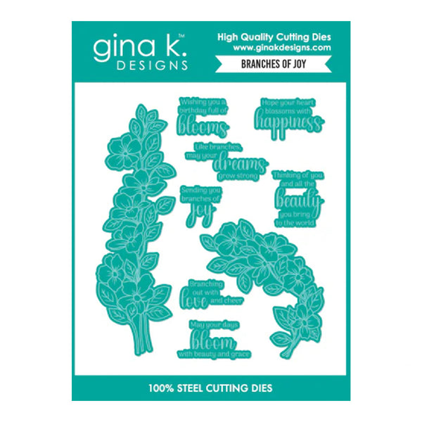 gina k. Designs cutting dies set with floral and text designs on a teal background