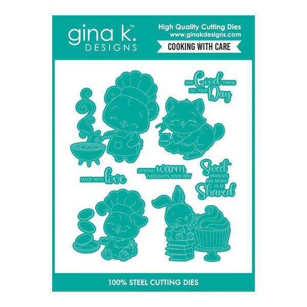 gina k. Designs cutting dies with animal illustrations and text on a teal background