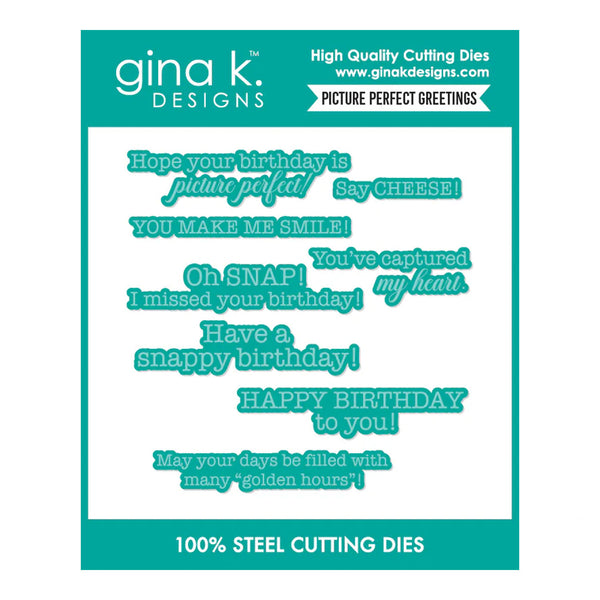 Gina K Designs cutting dies with birthday-themed phrases on a teal background