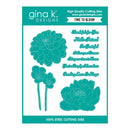 gina k. Designs cutting dies with floral shapes and text on a teal background