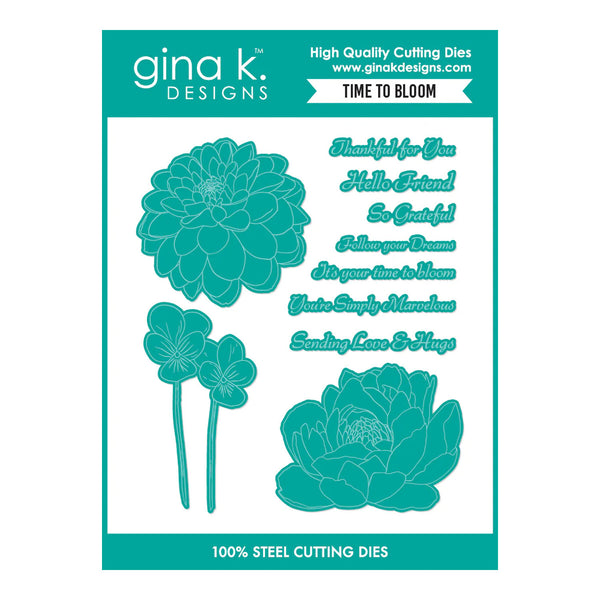 gina k. Designs cutting dies with floral shapes and text on a teal background