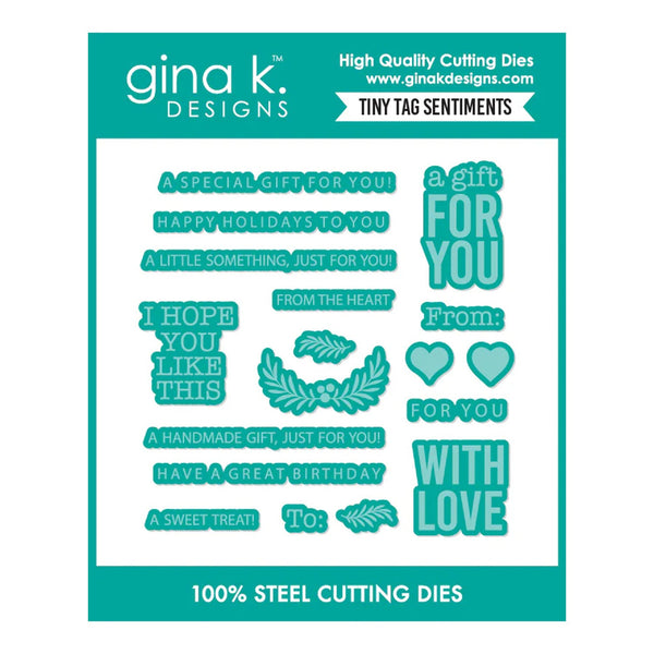 Gina K Designs Tiny Tag Sentiments cutting dies on a white background