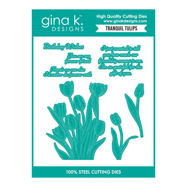 gina k. Designs cutting die set with tulip design and text on a teal and white background