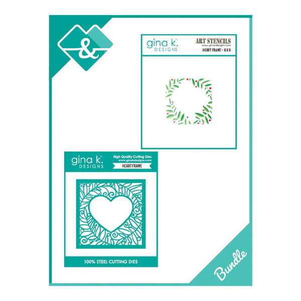 Gina K Designs art stencils and cutting dies with wreath and heart designs on a white background.