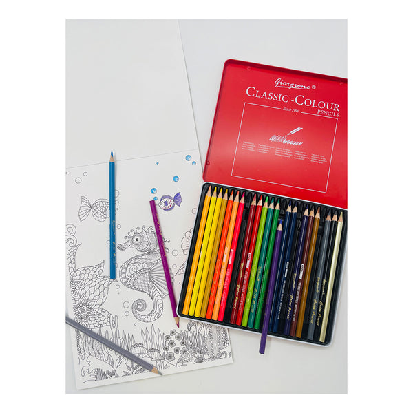 Set of colored pencils open in a red tin with 'Georgione'. underwaterthemed background colour book 