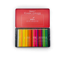 Set of colored pencils in a red tin on a white background