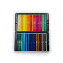 Set of colored pencils in a metal case on a white background