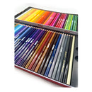 Set of colored pencils in a metal box on a white background